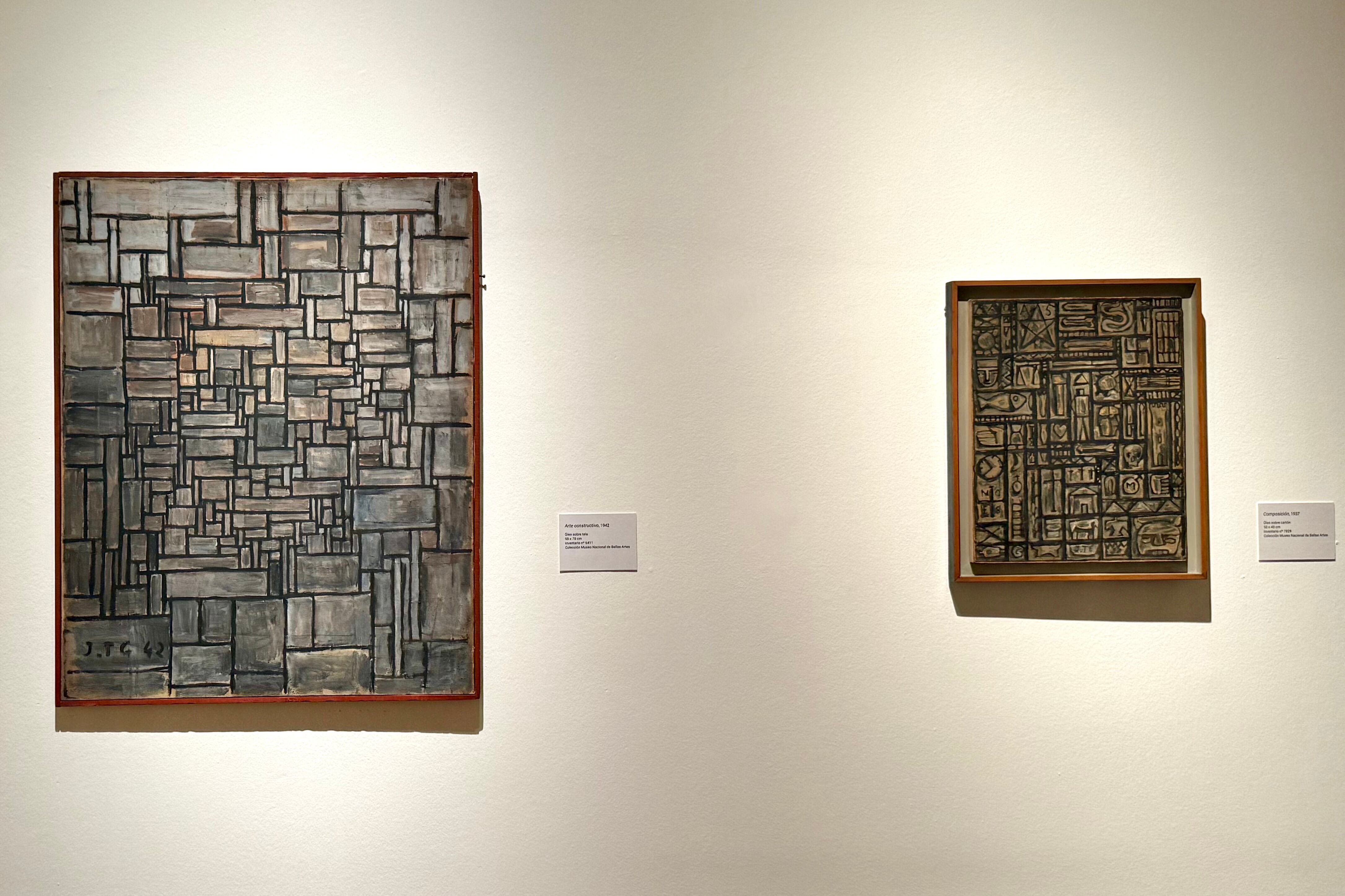 Pinturas de Joaquín Torres Garcia (de 1942 y 1937), del acervo del MNBA. Abajo: Arte y pensamiento de Torres García.