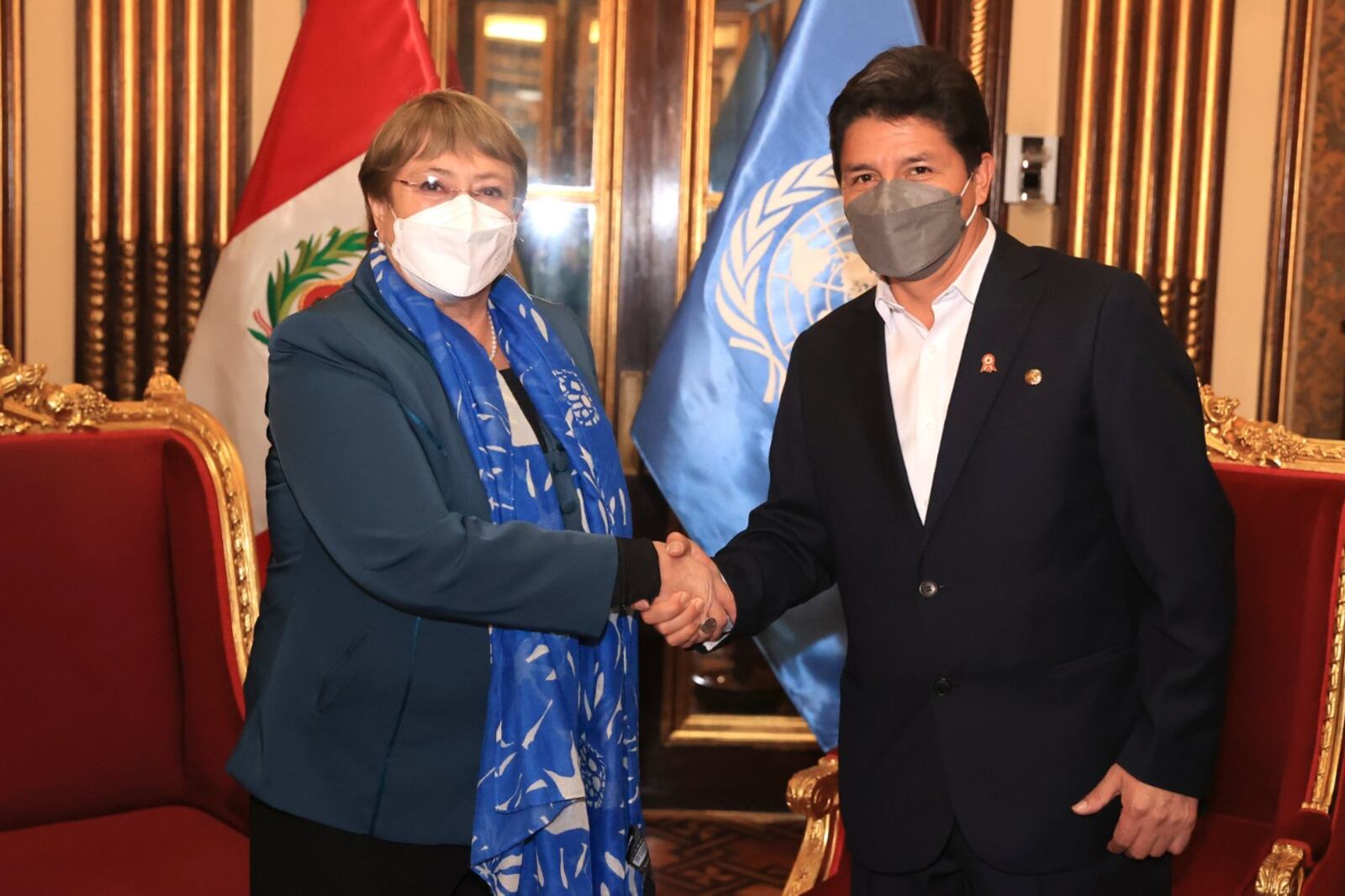 Alta comisionada de las Naciones Unidas, Michelle Bachelet y el presidente de Perú, Pedro Castillo. Fuente: Twitter de Presidencia de Perú.