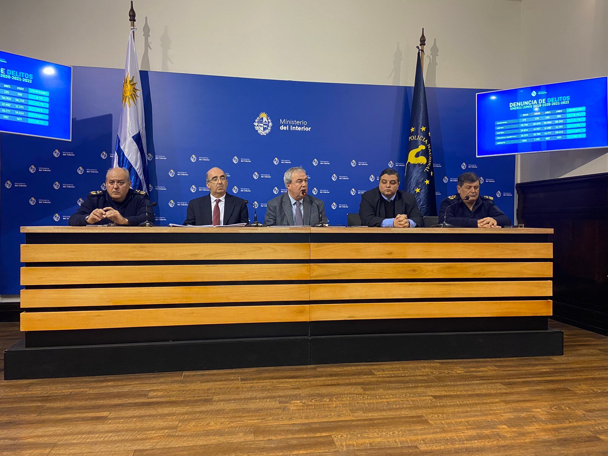 El ministro del Interior de Uruguay, Luis Alberto Heber, presenta junto a su equipo las cifras de delitos. Foto: Twitter de Luis Alberto Heber