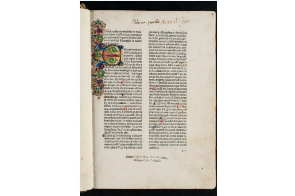 Antonino de Florencia, De censuris ecclesiasticis, sive de
excommunicationibus. De sponsalibus et matrimonio. Venecia:
Johannes de Colonia & Johannes Manthen, 1474. Buenos Aires,
Biblioteca Nacional Mariano Moreno (BNMM), 000113573