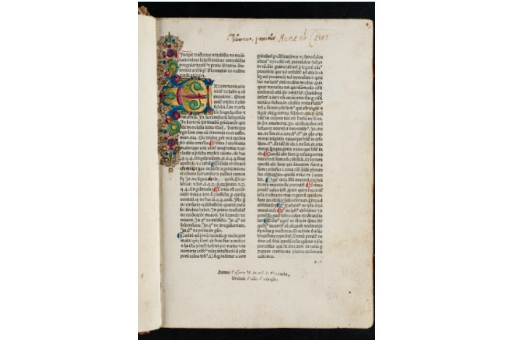 Antonino de Florencia, De censuris ecclesiasticis, sive de
excommunicationibus. De sponsalibus et matrimonio. Venecia:
Johannes de Colonia & Johannes Manthen, 1474. Buenos Aires,
Biblioteca Nacional Mariano Moreno (BNMM), 000113573