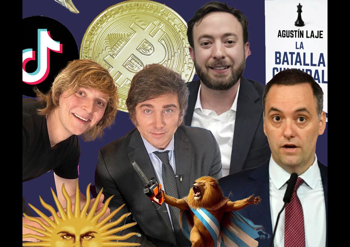 Laje, Gutiérrez, Adorni rodeando al "macho alfa" Javier Milei y sus iconos patéticos: el león bípedo, la motosierra, el bitcoin...