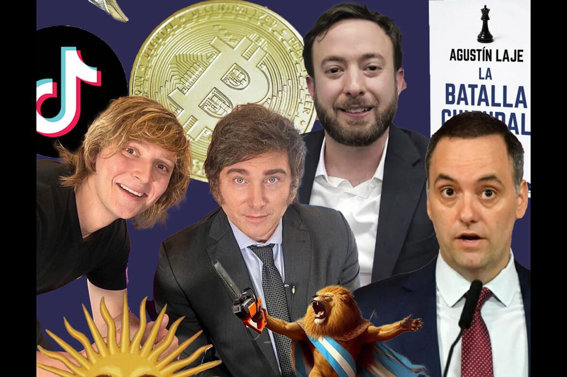 Laje, Gutiérrez, Adorni rodeando al "macho alfa" Javier Milei y sus iconos patéticos: el león bípedo, la motosierra, el bitcoin...