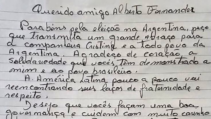 Facsímil de la carta de Lula da Silva a Alberto Fernández.