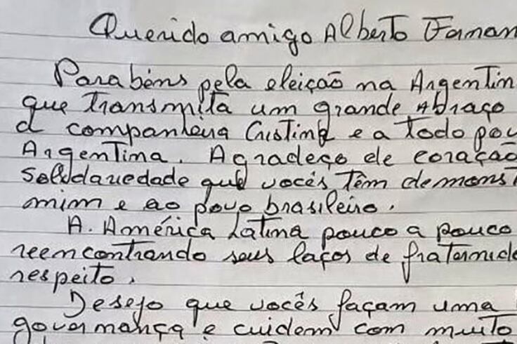 Facsímil de la carta de Lula da Silva a Alberto Fernández.