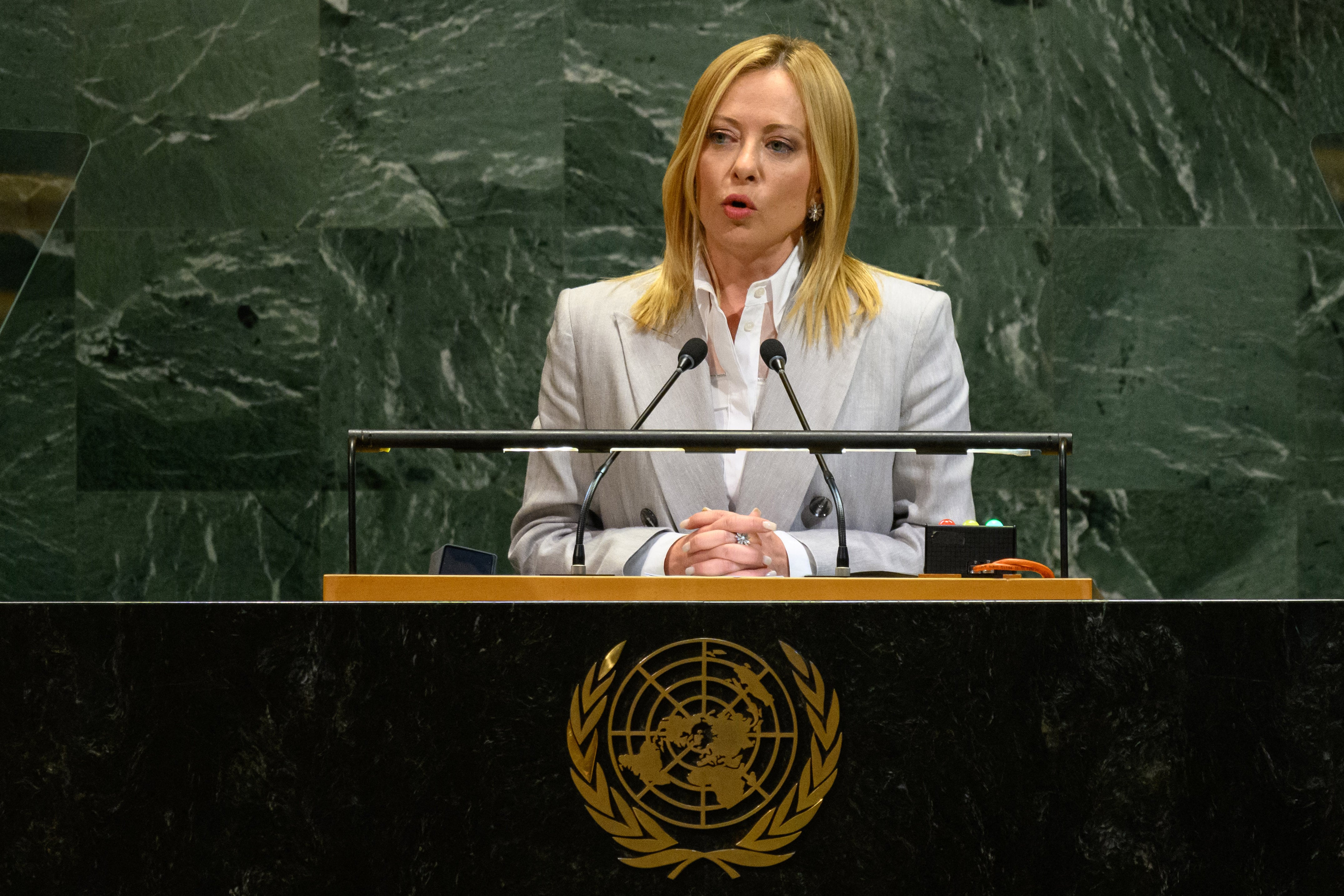 Meloni habla en la Asamblea General de la ONU.