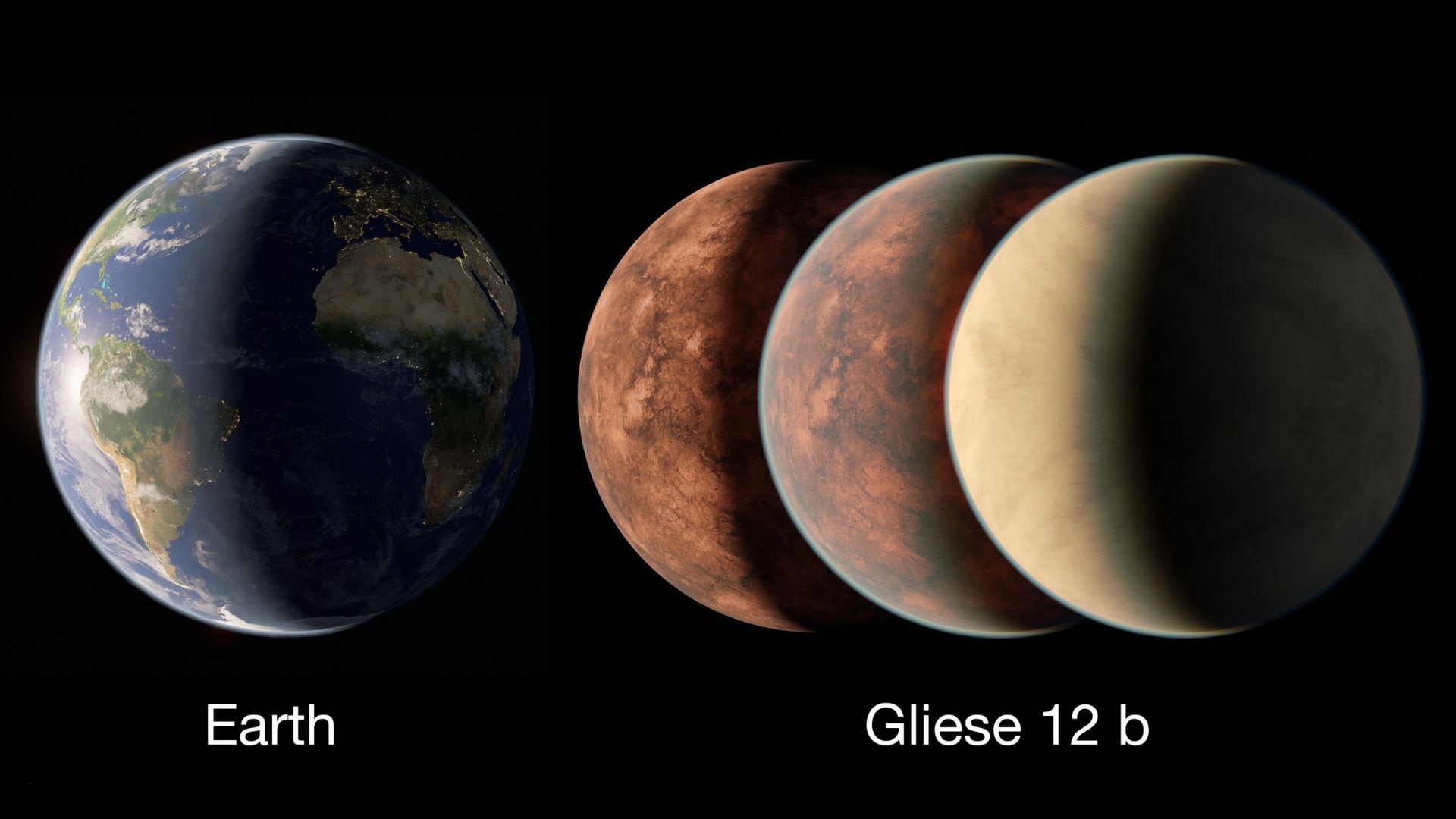 Ilustración de la Tierra comparada con varios modelos de Gliese 12 b