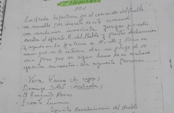 La amenaza que recibieron 4 testigos, con la firma de un tal "Comandante Enrique"