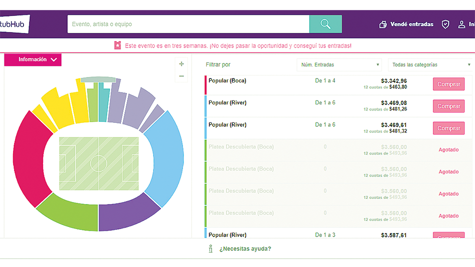 La imagen de la página del sitio donde se pueden adquirir entradas para el Superclásico.