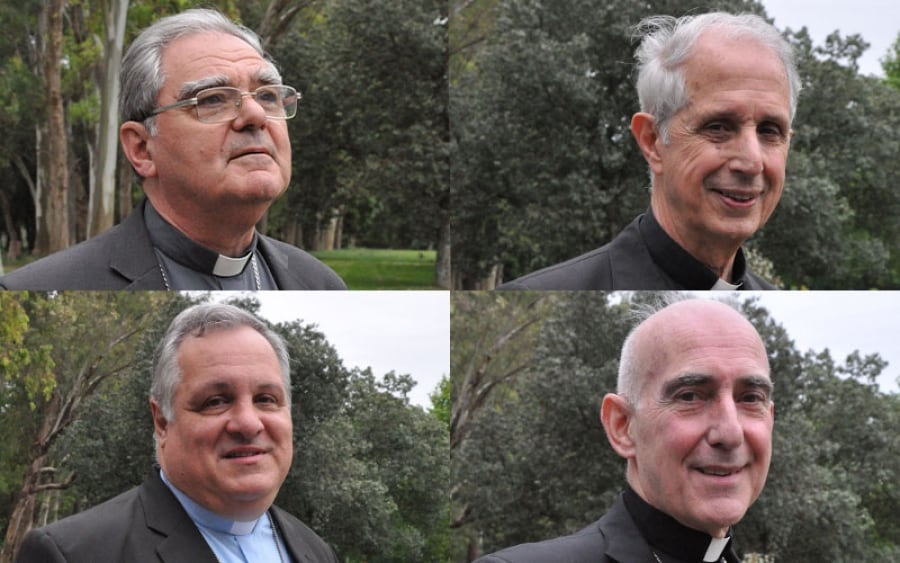 El nuevo presidente de la Conferencia Episcopal, Oscar Ojea; los dos nuevos vicepresidentes, Mario Poli y Marcelo Colombo, y el nuevo Secretario General, Carlos Malfa