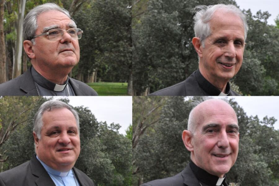 El nuevo presidente de la Conferencia Episcopal, Oscar Ojea; los dos nuevos vicepresidentes, Mario Poli y Marcelo Colombo, y el nuevo Secretario General, Carlos Malfa