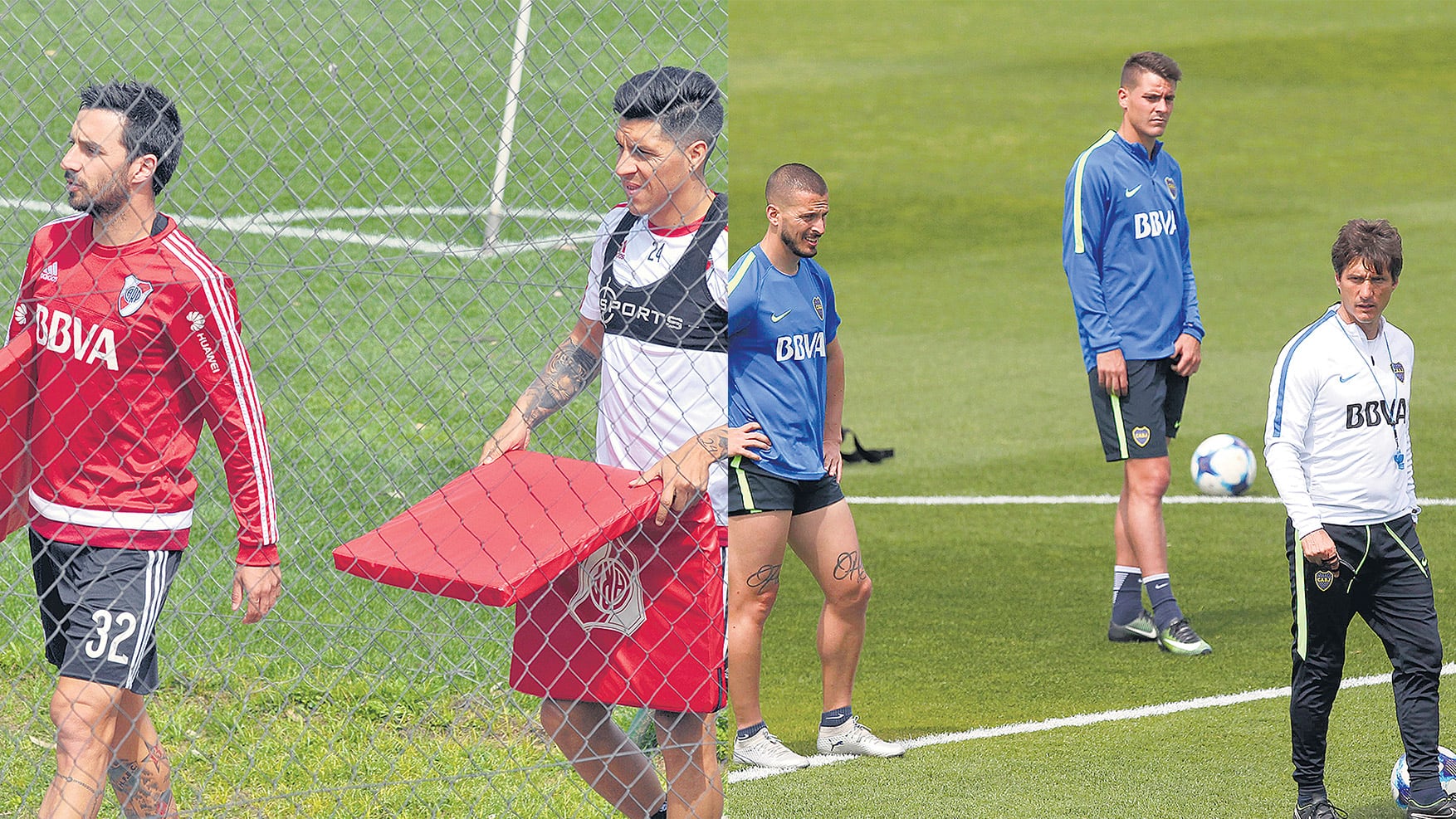 Ignacio Scocco y Enzo Pérez durante la práctica de River. Benedetto escucha las indicaciones de Guillermo.