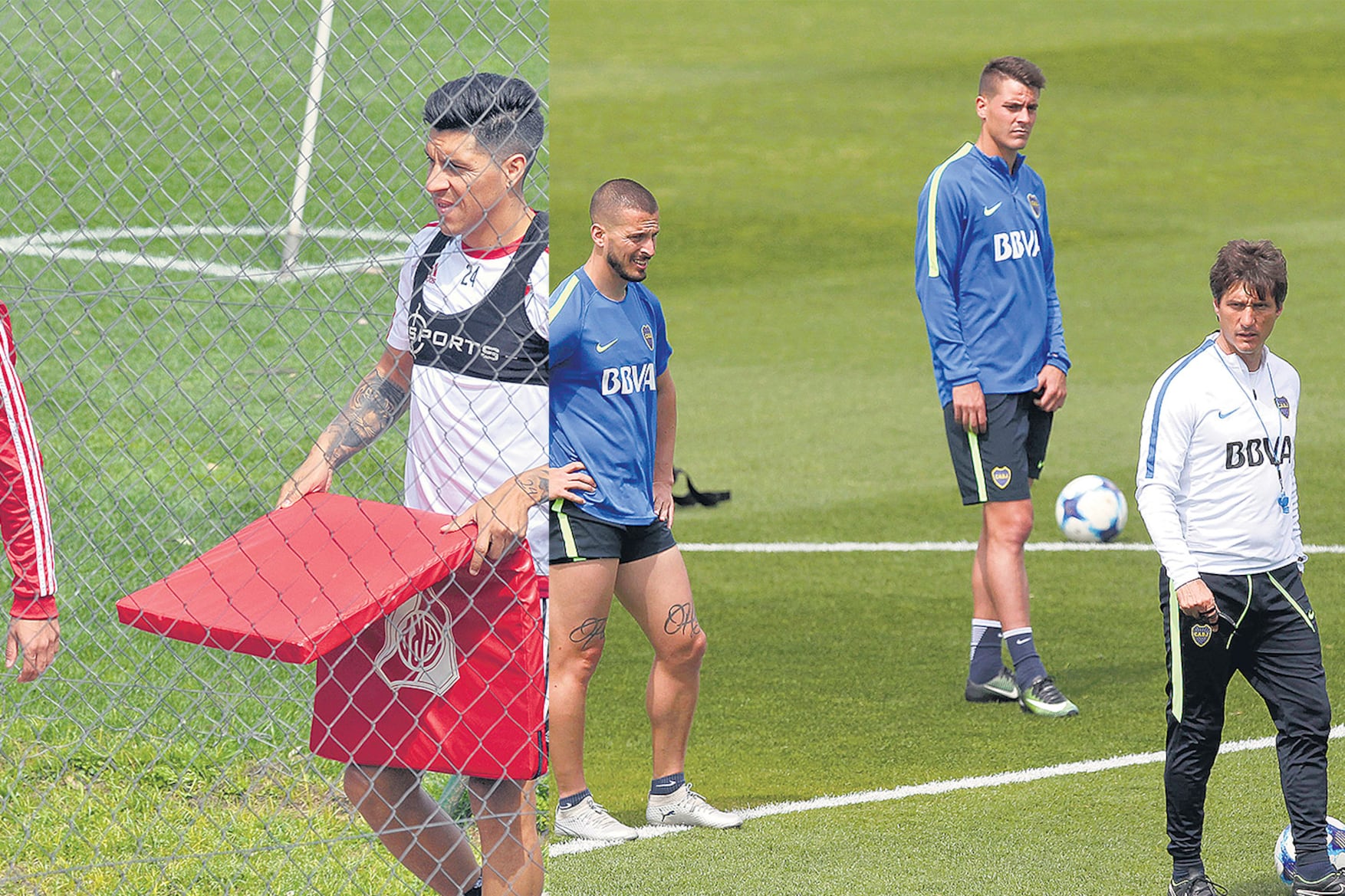 Ignacio Scocco y Enzo Pérez durante la práctica de River. Benedetto escucha las indicaciones de Guillermo.