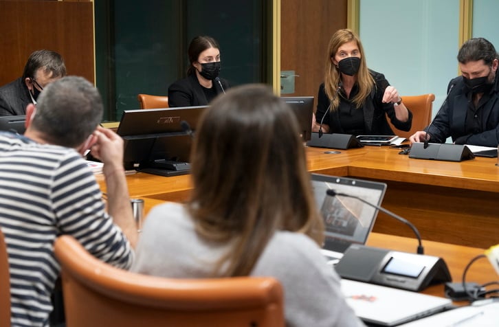 La portavoz de SOS Racismo Bizkaia junto a la abogada de Silvia y al cónsul de Bolivia en el Parlamento de Gasteiz.