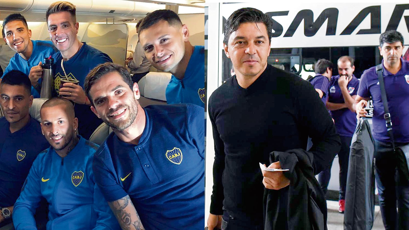 Sonrisas en el avión que llevó al plantel de Boca a Madrid. Gallardo baja del micro que trasladó a River hasta Ezeiza.