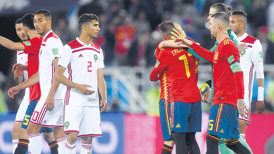 Festejo de España tras la igualdad sobre Marruecos. Su próximo rival será Rusia, en Moscú.