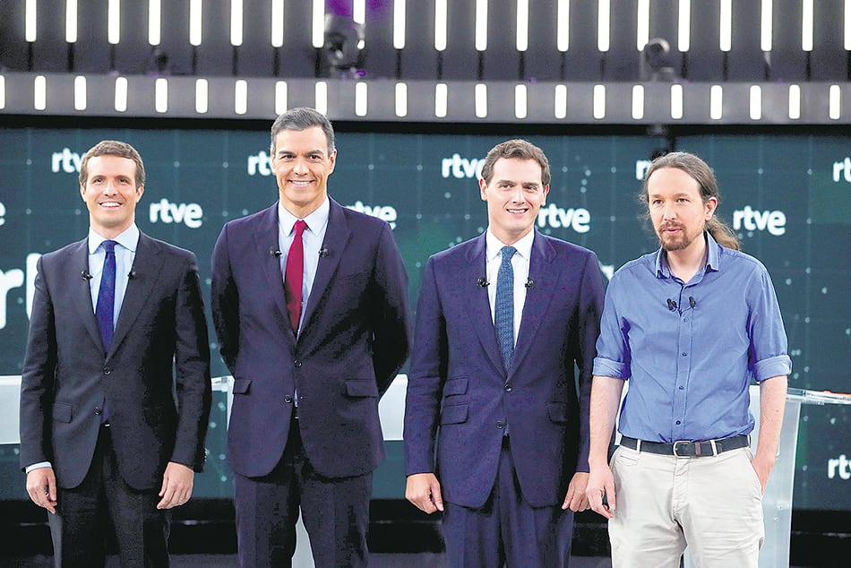 De iz. a der.: Pablo Casado (PP), Pedro Sánchez (PSOE), Albert Rivera (Cs) y Pablo Iglesias (UP).