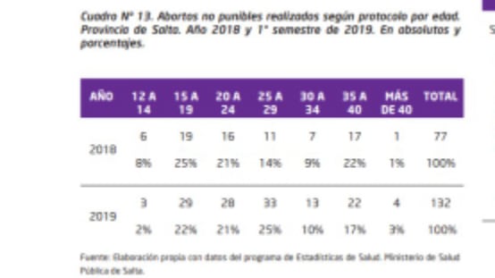 Estadística de abortos no punibles realizados en Salta durante 2018