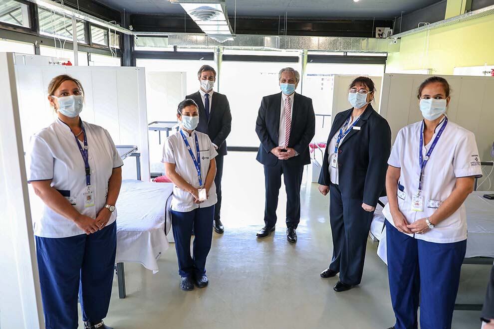 El presidente Alberto Fernández durante la inauguración del Hospital Solidario COVID-19 Austral, que brindará asistencia a pacientes infectados de coronavirus que no cuenten con cobertura médica.