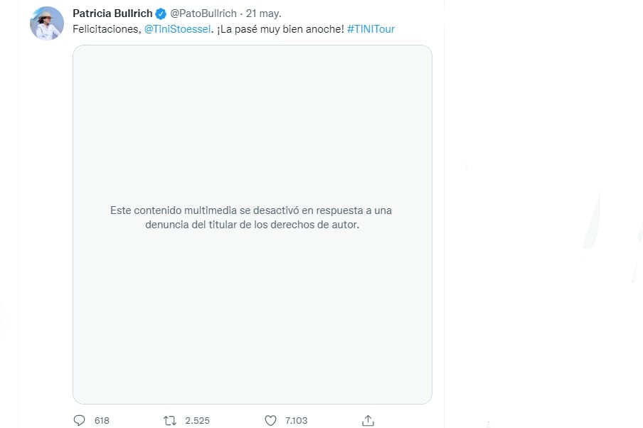 Twitter eliminó un video de Patricia Bullrich en el recital de Tini Stoessel. Imagen: Twitter