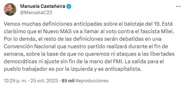 Manuela Castañeira aseguró que el Nuevo MAS "va a llamar al voto contra el fascista Milei". (Imagen: Prensa Manuela Castañeira)