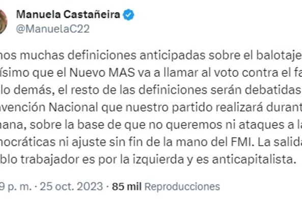 Manuela Castañeira aseguró que el Nuevo MAS "va a llamar al voto contra el fascista Milei". (Imagen: Prensa Manuela Castañeira)
