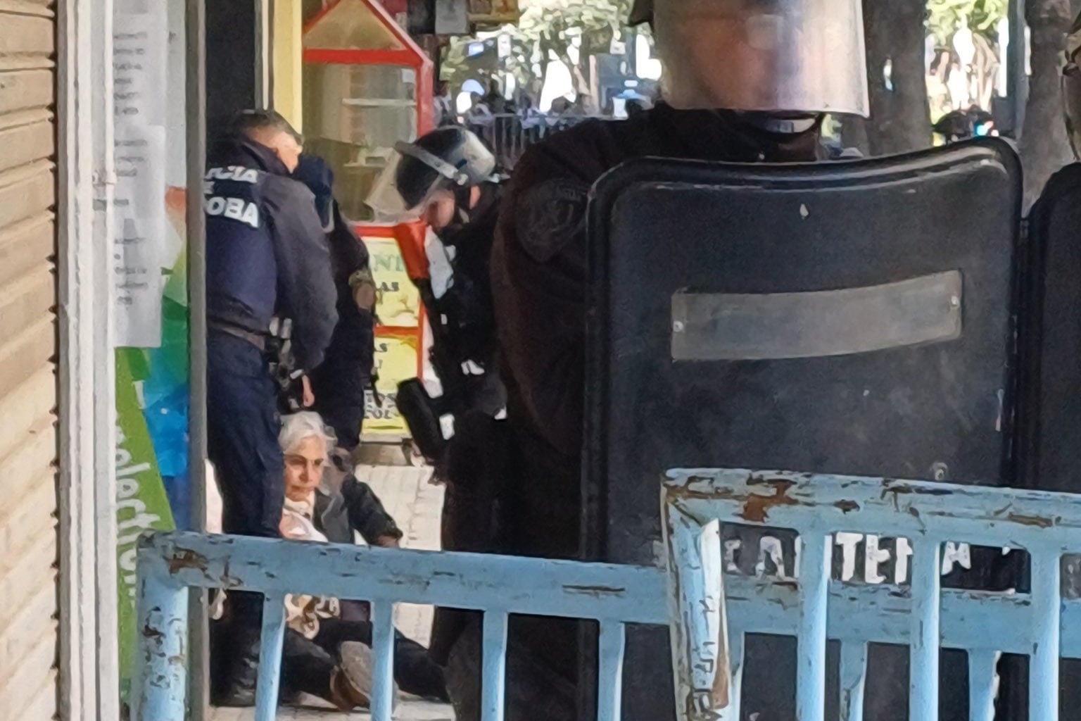La jubilada Nora Reynoso, tirada en el piso por la feroz represión policial.