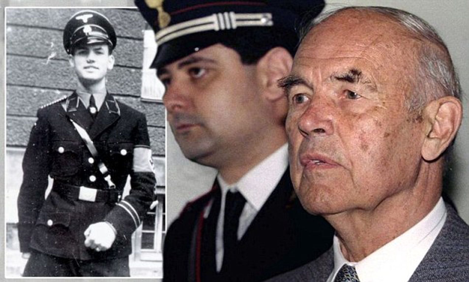 Erich Priebke, con uniforme de la Gestapo y durante su juicio en Roma.