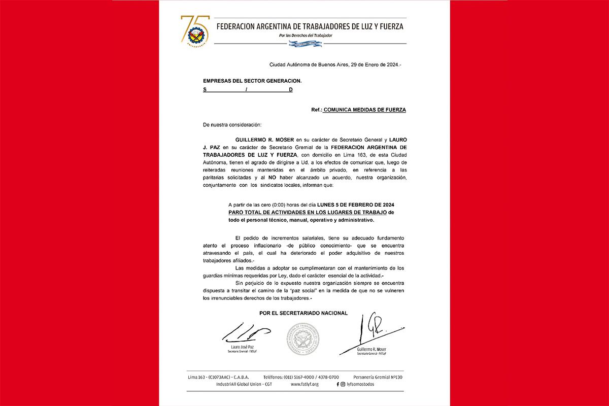 Documento firmado por el Secretario General y el Secretario Gremial de la FATLyF, Compañeros Guillermo Moser y Lauro Paz