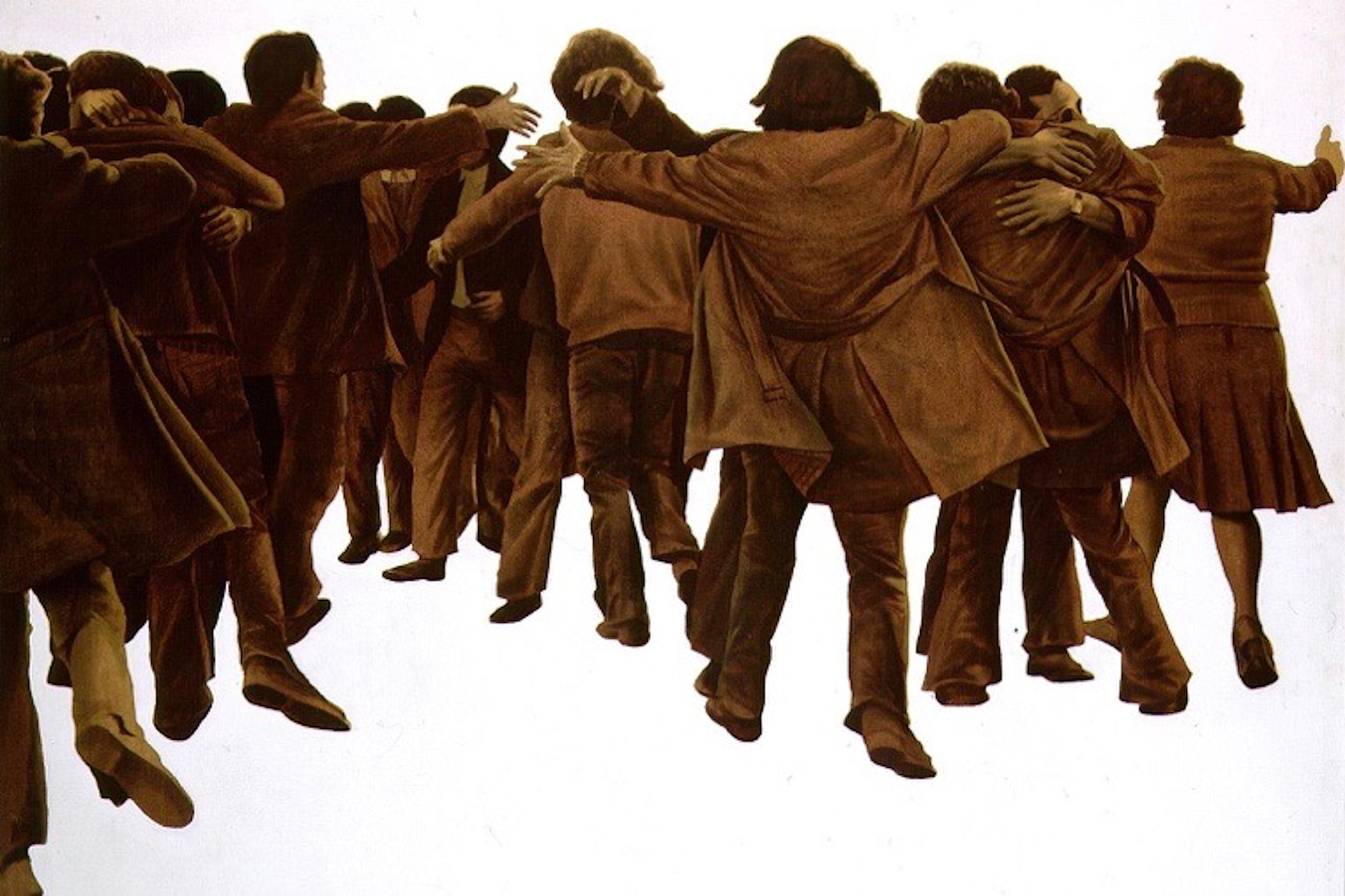 "El abrazo", 1976, de Genovés. Acrílico y serigrafía sobre tela; 151x201cm (Museo Reina Sofía). Abajo: Serígrafía sin título de Juan Genovés (1975; 50x65 cm-Instituto Valenciano de Arte Moderno).