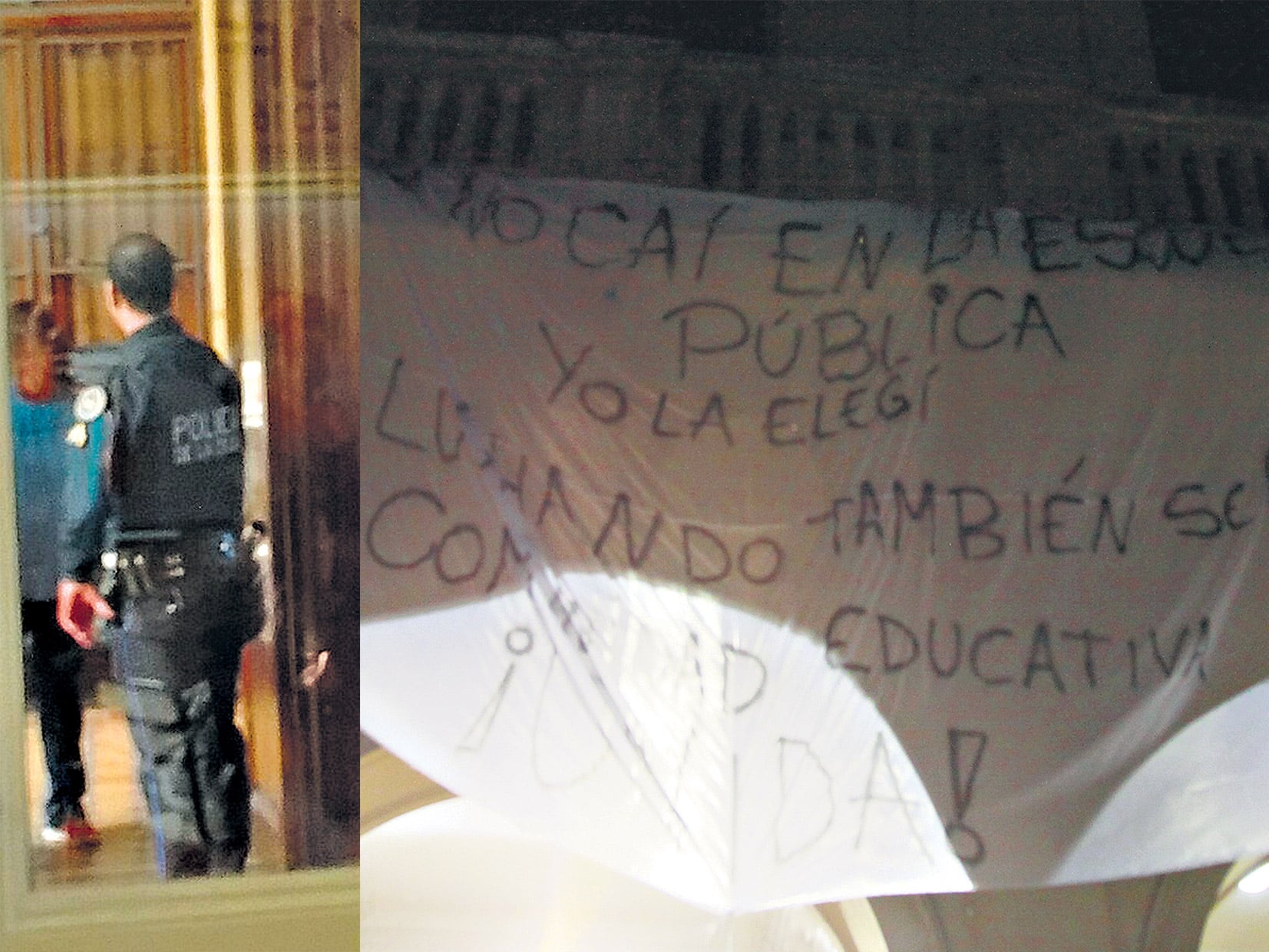 El policía que ingresó en el colegio Mariano Acosta. El colegio reaccionó ayer con carteles de repudio a la presencia policial. 