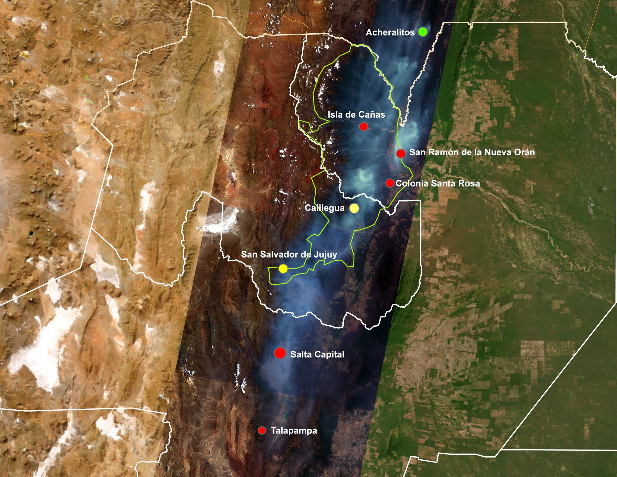 La nube de humo sobre ciudades del sur de Bolivia, y Salta y Jujuy. En verde la Reserva de Biosfera.