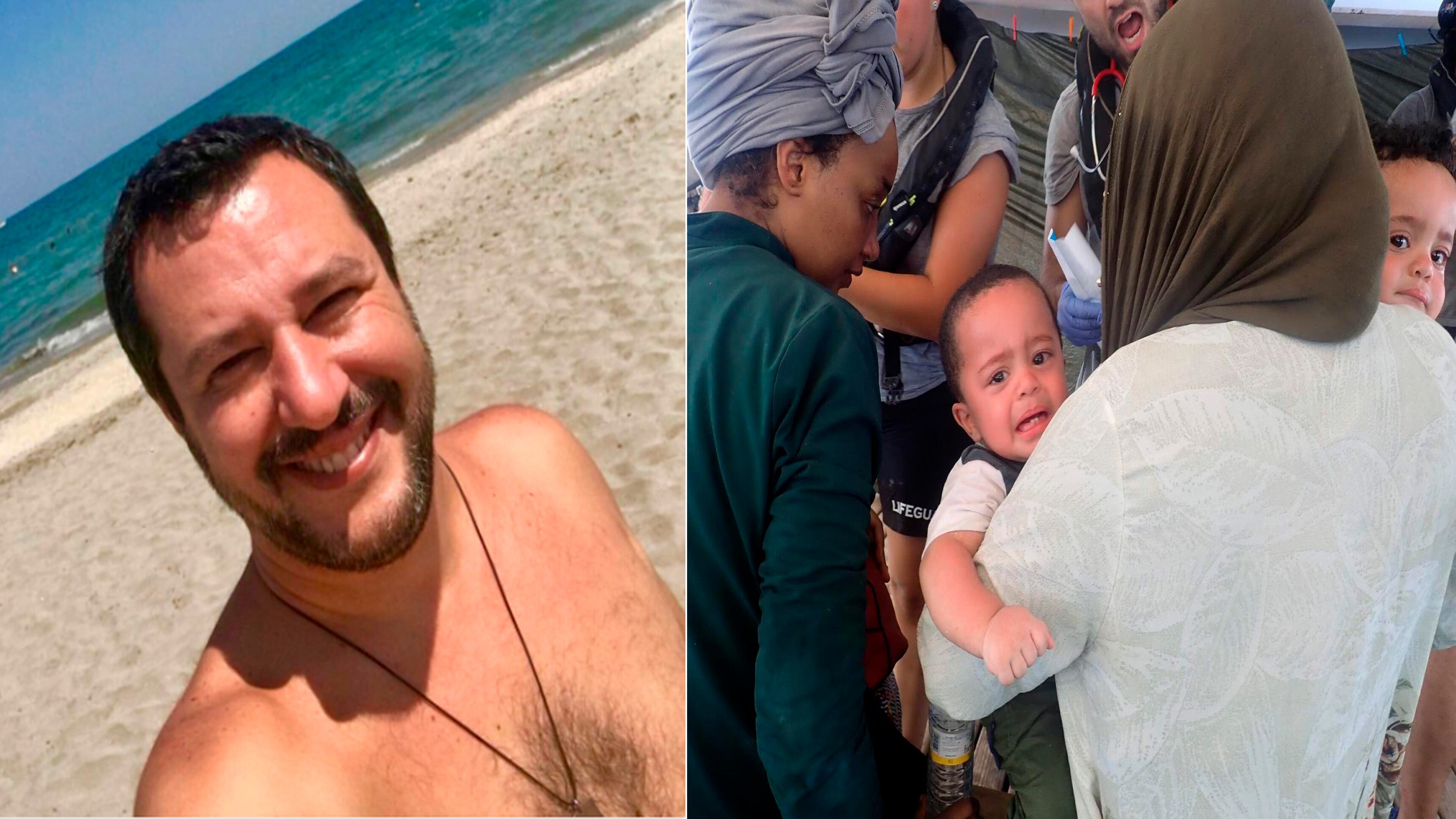 De un lado, Salvini de vacaciones. Del otro, los 121 salvados por la nave española, entre ellos, dos niños.