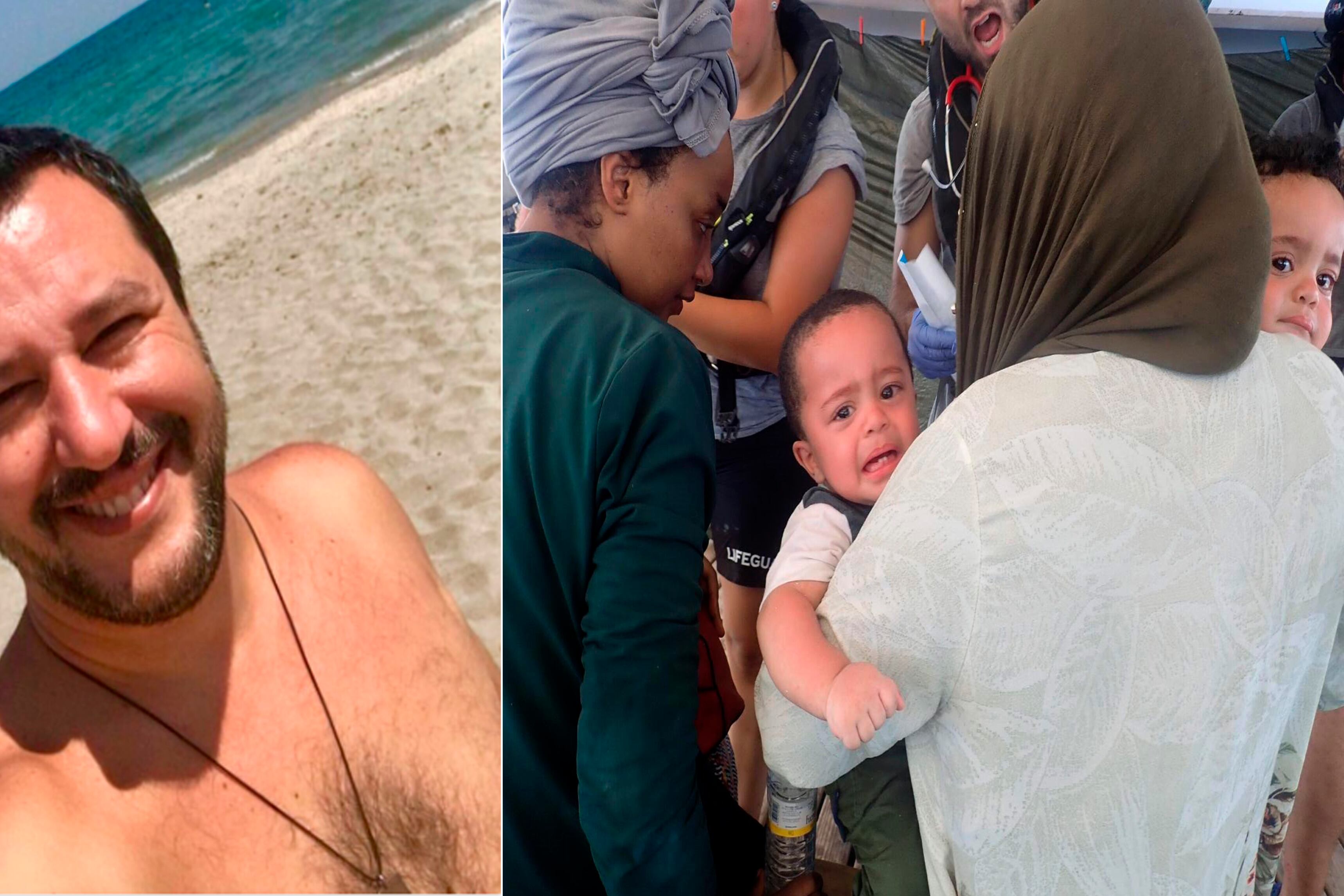 De un lado, Salvini de vacaciones. Del otro, los 121 salvados por la nave española, entre ellos, dos niños.
