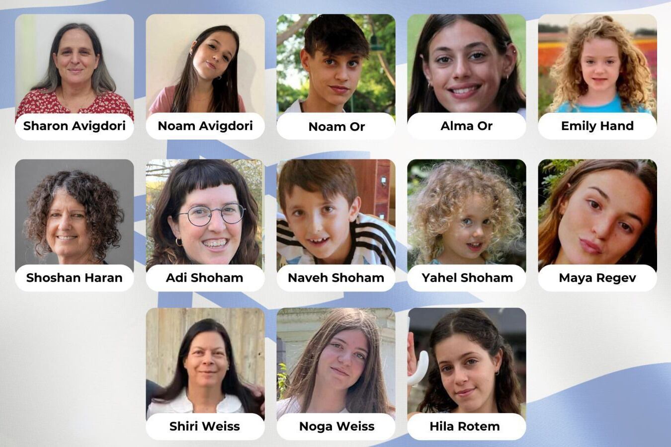 Retratos de los trece rehenes israelíes liberados por Hamas.