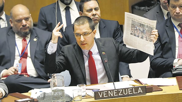 El canciller venezolano, Jorge Arreaza, toma la palabra durante el debate en el consejo de la ONU.