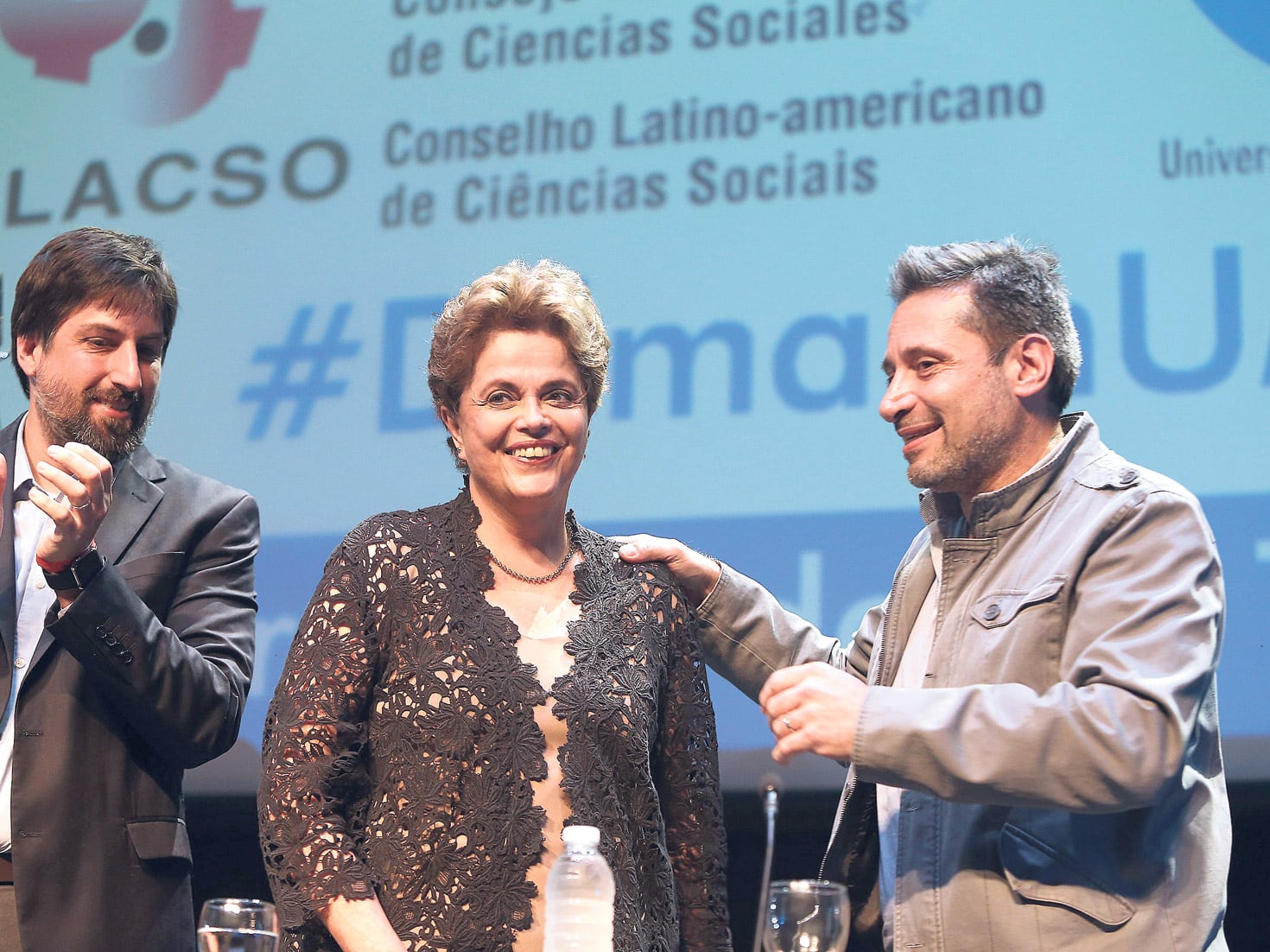 El rector de la UMET, Nicolás Trotta, y el titular del Suterh, Víctor Santa María, recibieron a Dilma Rousseff.