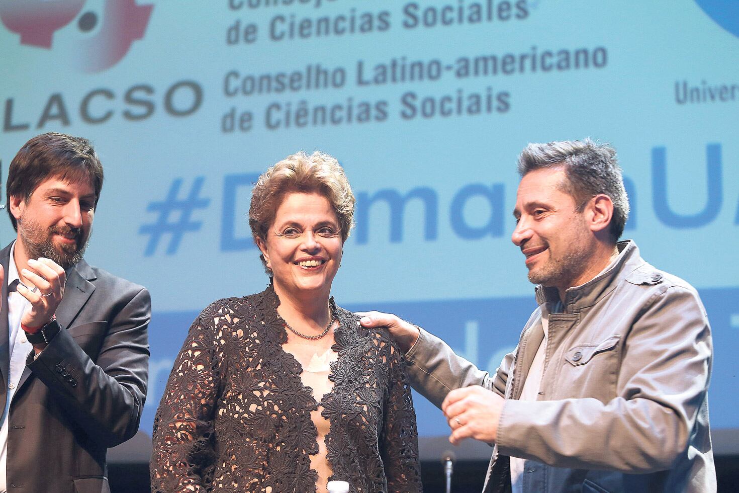 El rector de la UMET, Nicolás Trotta, y el titular del Suterh, Víctor Santa María, recibieron a Dilma Rousseff.