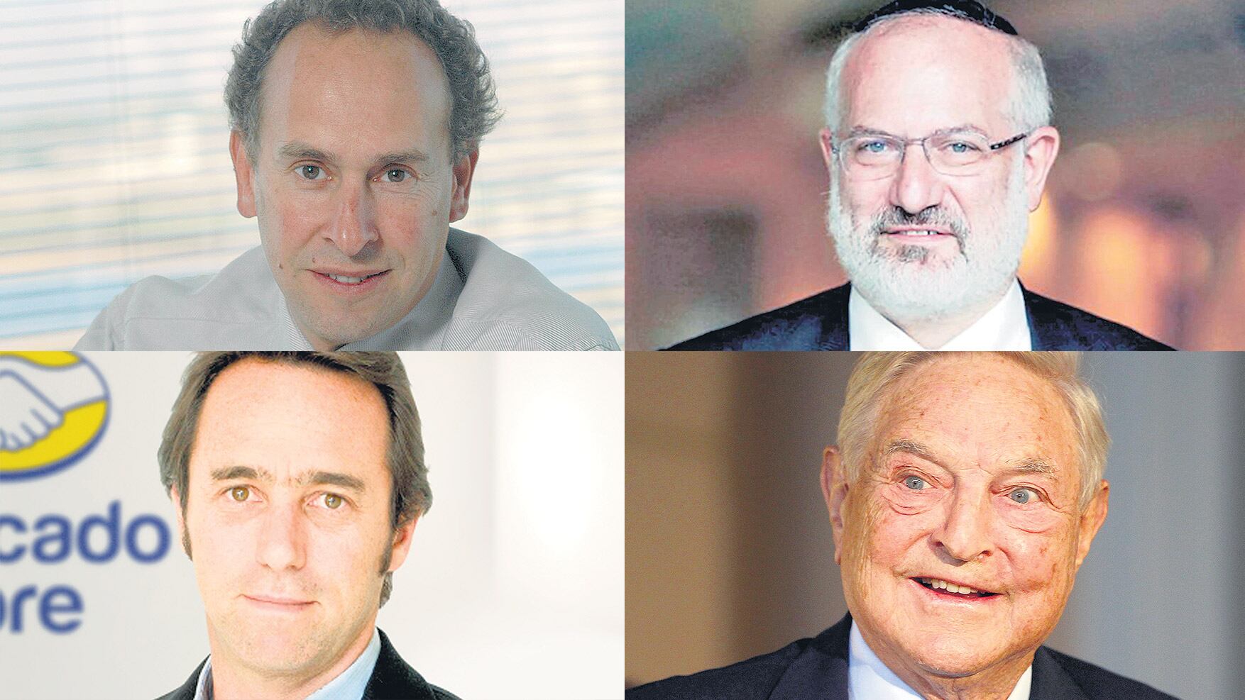 Marcelo Mindlin y Eduardo Elsztain (arriba), activos operadores en cuevas offshore. Marcos Galperín y George Soros (abajo) son parte de esa misma trama.