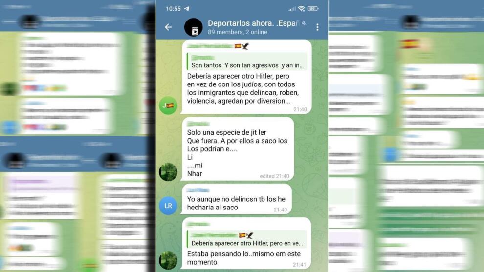 Captura de pantalla de mensajes publicados en el grupo de Telegram "Deportarlos Ahora".