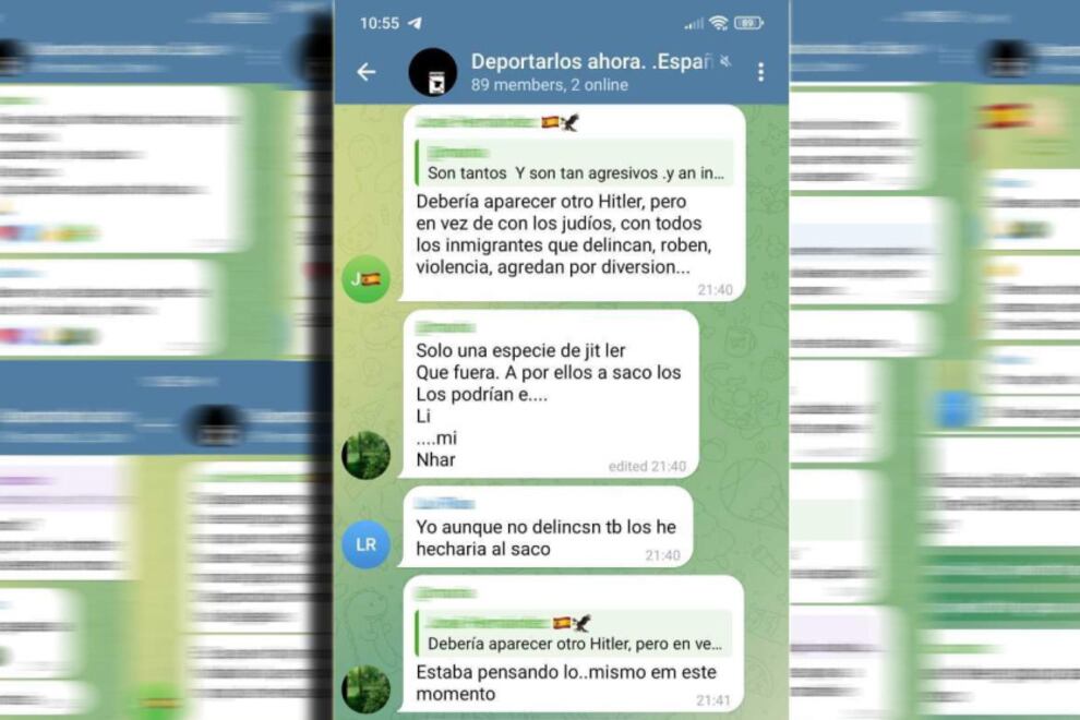 Captura de pantalla de mensajes publicados en el grupo de Telegram "Deportarlos Ahora".