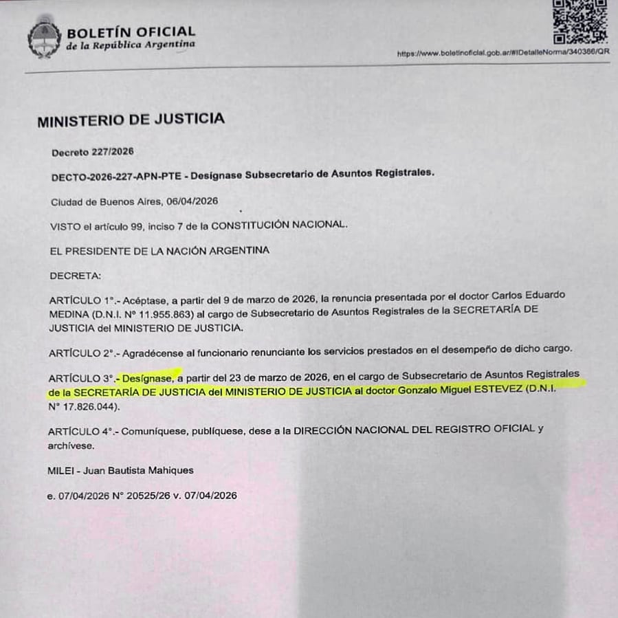 Boletin oficial designacion Gonzalo Miguel Estevez Subsecretario asuntos registrales ministerio de justicia nacional