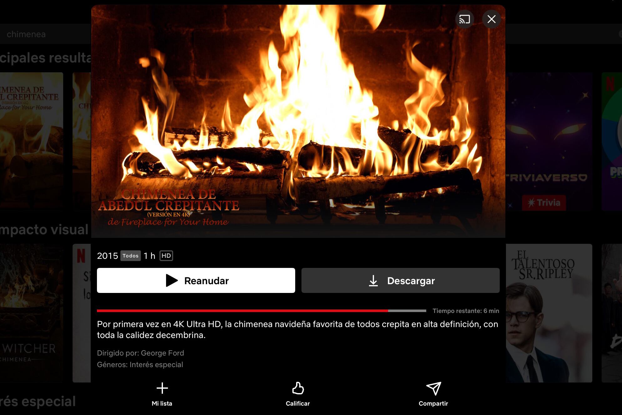 En el catálogo de Netflix hay tres variantes de leños ardiendo en un hogar.