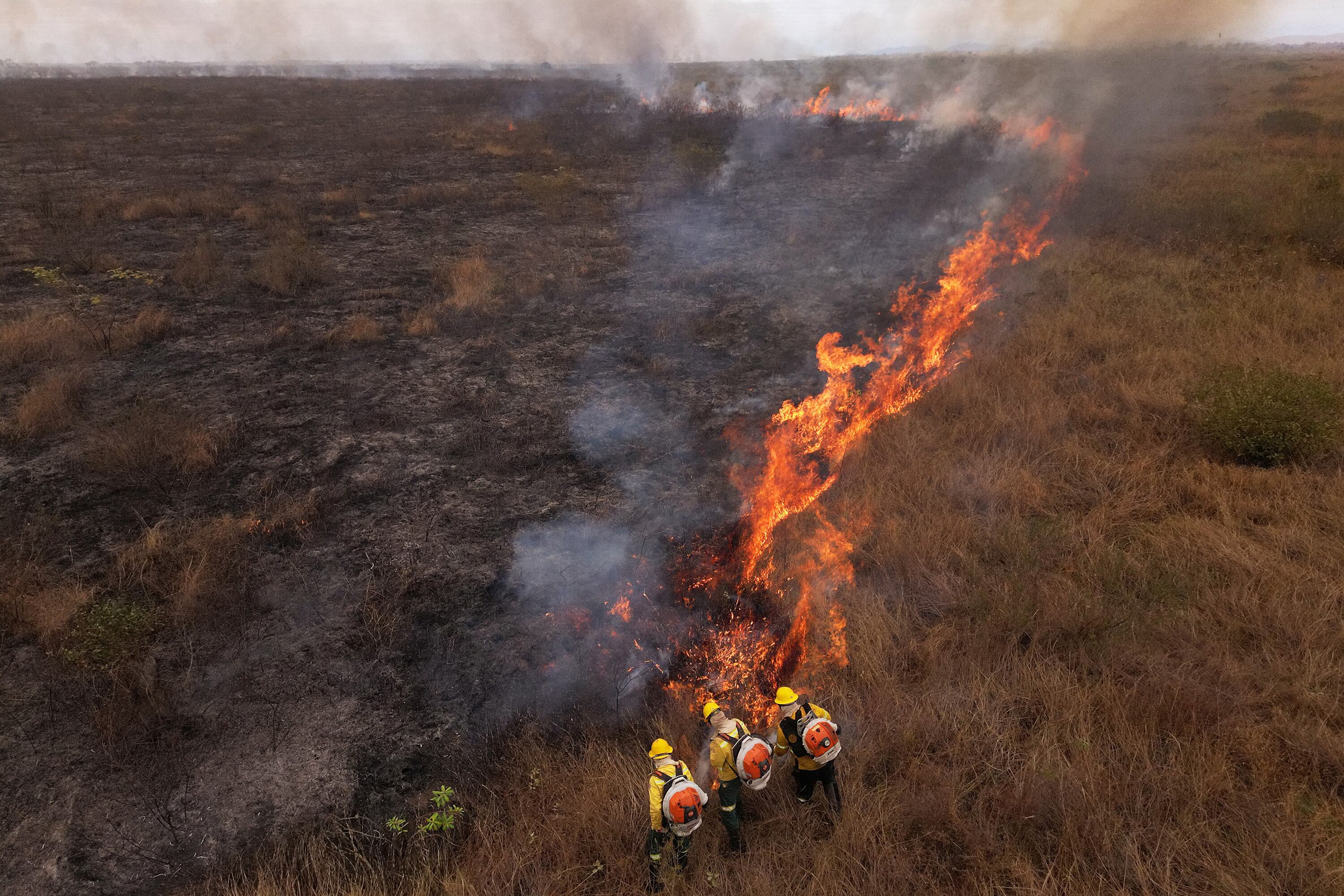Bomberos combaten un incendio forestal en Matto Grosso del Sur, Brasil.