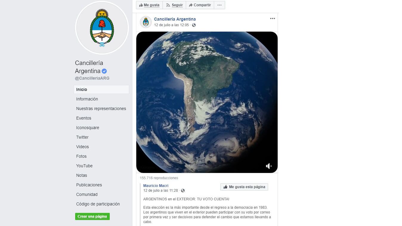 La Cancillería incluyó un mensaje proselitista de Macri en una publicación en Facebook en la que llamó a los argentinos que viven en el exterior a participar de las elecciones.