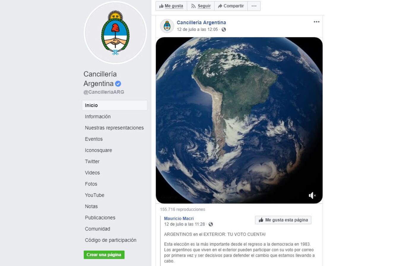 La Cancillería incluyó un mensaje proselitista de Macri en una publicación en Facebook en la que llamó a los argentinos que viven en el exterior a participar de las elecciones.