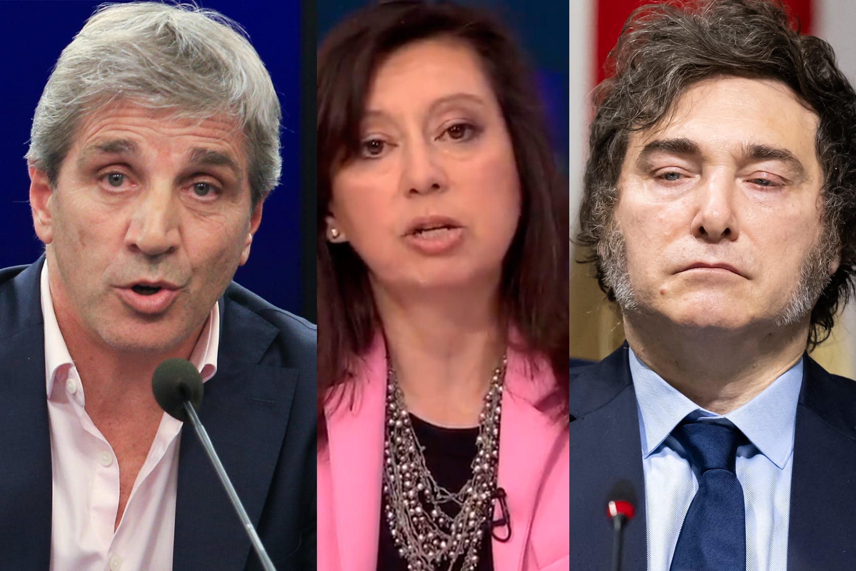 Tres actores en escena: Toto Caputo, Julie Kozack (portavoz del FMI) y Javier Milei