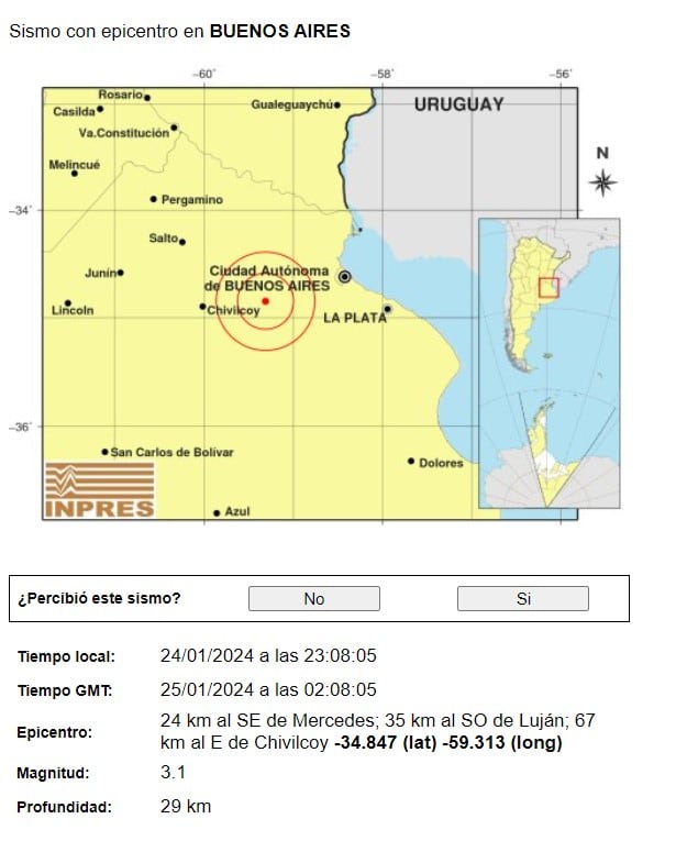 El epicentro del sismo que ocurrió en territorio bonaerense se ubicó a 24 km de Mercedes