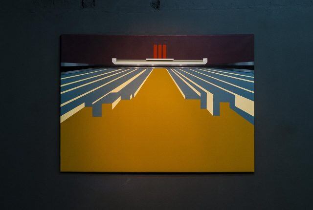 "A mi voluntad", acrílico y esmalte sobre lienzo (sobre fondo de pared intervenido) por Pablo Sinaí.