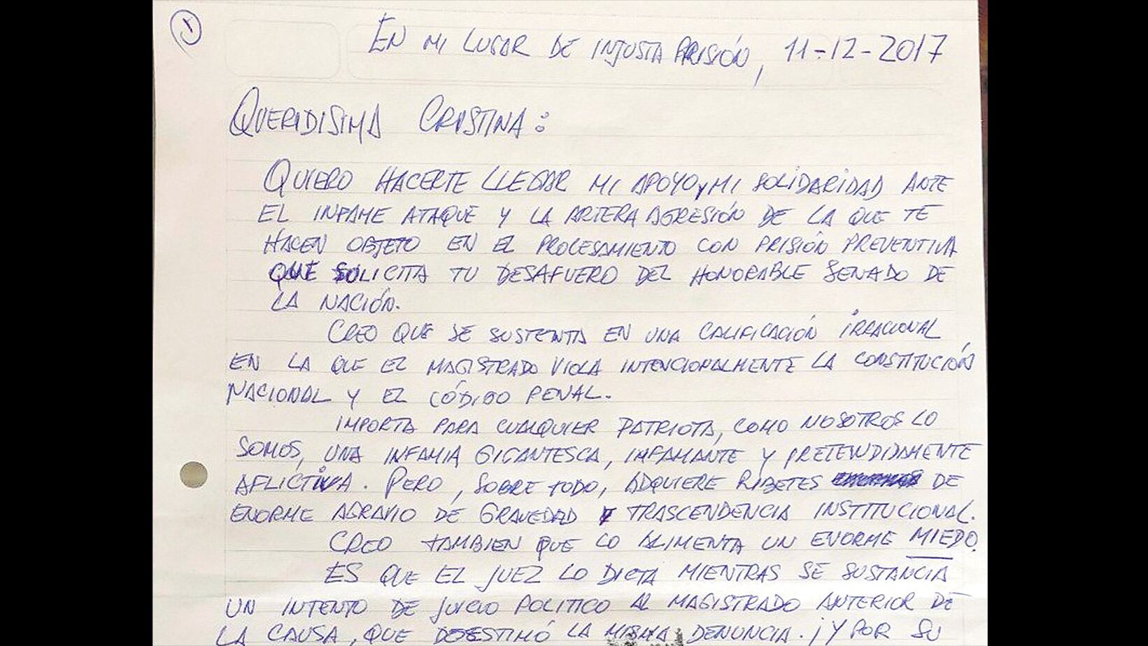 El ex secretario Legal y Técnico redactó la carta de puño y letra, que fue entregada a CFK en el Instituto Patria.
